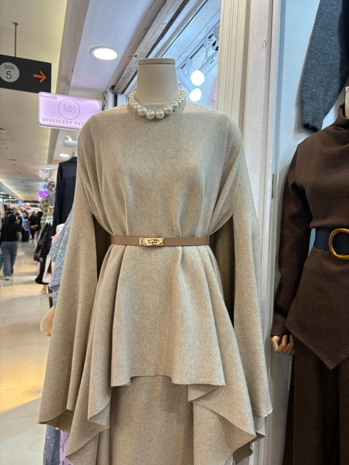 Women Premium Quality Knitted Poncho Belted Top With Skirts Sets